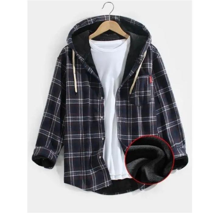 NEW Kemeja Flanel Hoodie Lengan Panjang Kemeja Flanel Cowok Bertudung