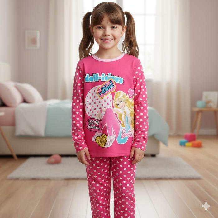 LNR Shop Lokal Premium Girls Piyama Set Barbie Baju Tidur Lengan Panjang Bahan Katun Tebal Full Bulu
