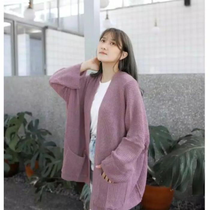 Baju Atasan Cardigan Outer Outfit Rajut Polos Basic Hitam Maroon Burgundy Denim Elegan Tanpa Kancing