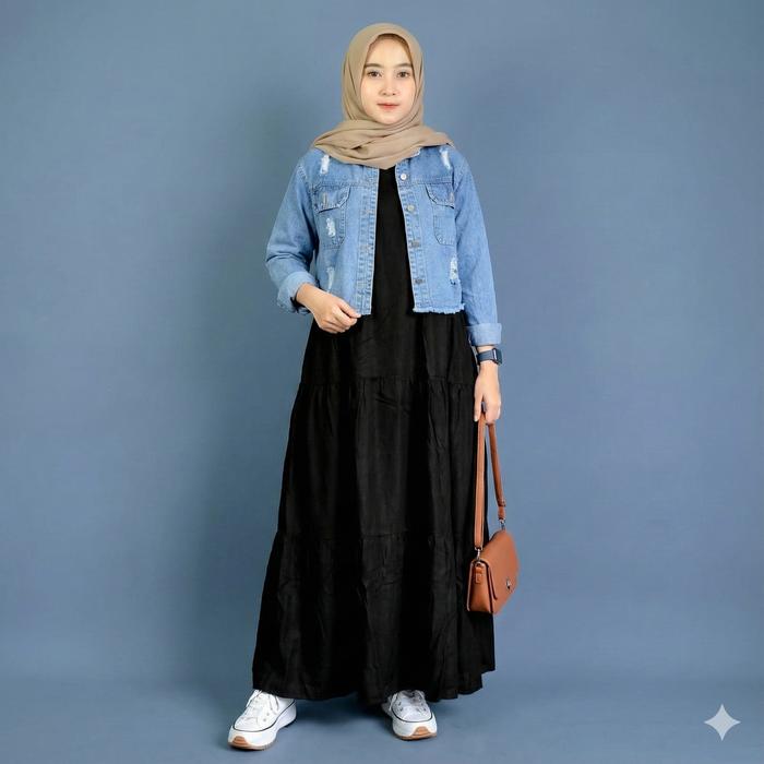 SETELAN ONESET Wanita Set Jaket Jeans Crop + Dress Airflow Premium Busui Friendly Gamis Muslim Crink