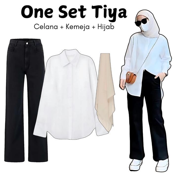 One Set 3in1 Kemeja Basic Putih Celana Highwaist Jeans Hitam Hijab Bella Soft Latte | ootd outfit wa