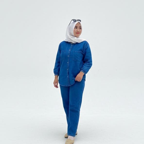 Oneset Jeans Atasan Kemeja Dan Celana Kulot Setelan Wanita Terbaru 2026 Size L XL XXL Set Gamis Dan 