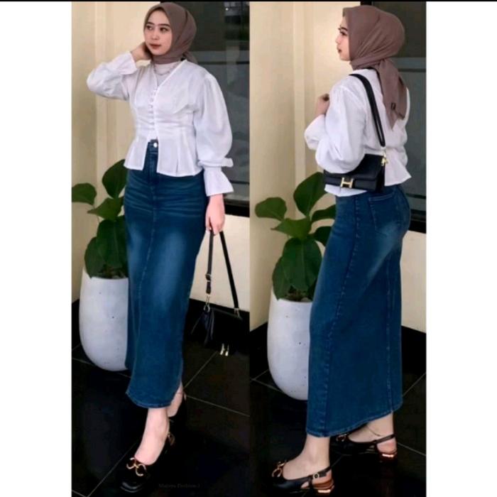 Ceesa Rok Span Jeans Skirt Panjang  Belah Depan Uk Standar Wanita Denim Casual
