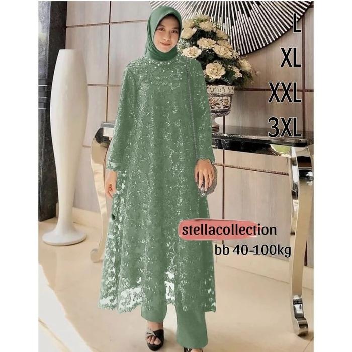 Set Asteria (3Warna) Atasan Tunik Dan Celana L Xl Xxl 3Xl Setelan Wanita Pesta Brokat Kondangan By S