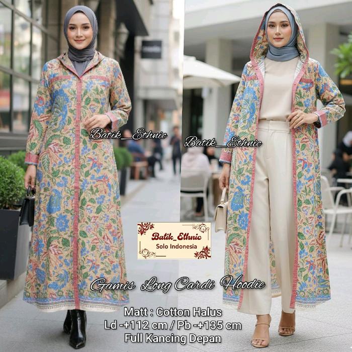 Batik Ethnic Gamis Long Cardi Hoodie Cream Full Kancing Depan Cotton Halus