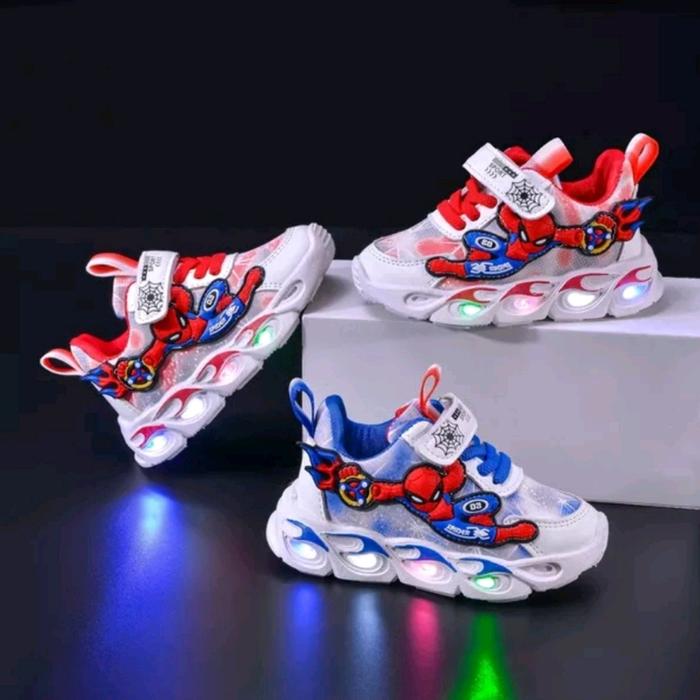 Sepatu Spiderman Fire LED Anak Laki-Laki 1-5 Tahun/ Sneakers Sport Spider Shuriken Anak Cowok Import