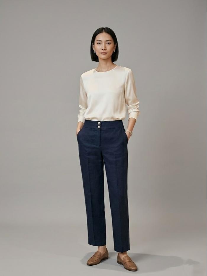 Massimo Dutti Women's Wool Straight Leg Trousers in Navy Blue - Celana Bahan Kerja Formal Look Offic
