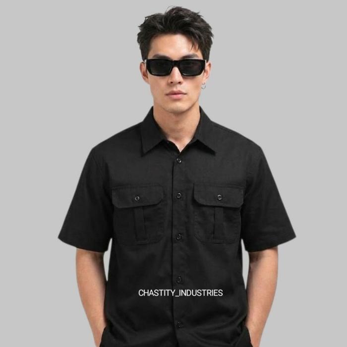 CHASTITY Kemeja Pria Lengan Pendek Workshirt Hitam