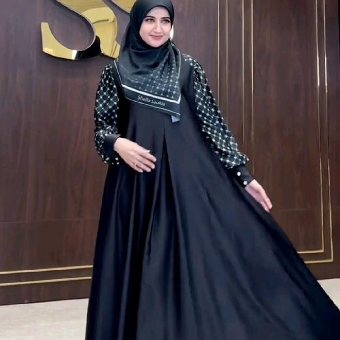 Dress Gamis Mix plisket Shellasaukia Muslim Wanita Dewasa Lebaran Mewah Remaja Pesta Syari Nyaman Le
