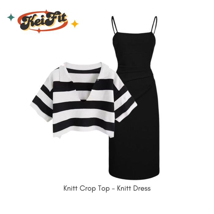 One Set wanita Korean Style Kekinian (Tanktop Dress Knit Pendek , Atasan Knitt Garis Crop Top Stripe