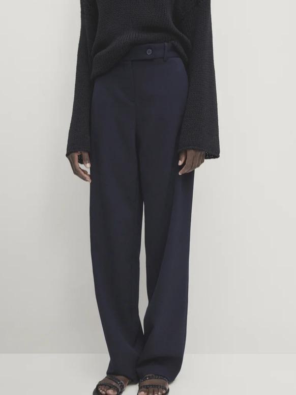 Massimo Dutti Women's Straight Leg Navy Blue Trousers with Wool - Celana Panjang Bahan Kerja Executi