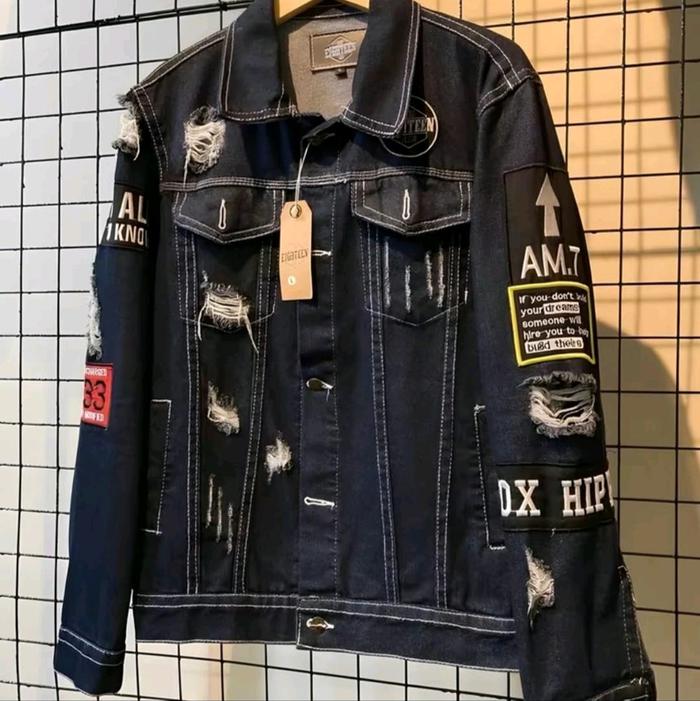 JAKET JEANS HIPHOP HITAM PRIA WANITA distro denim cowok nyaman panjang formal kantor putih jepang bi