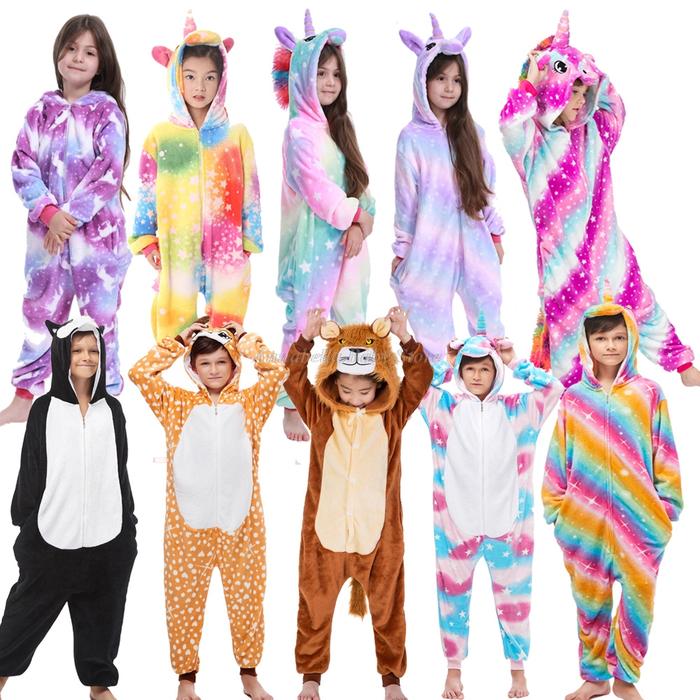 Winter Kids Pajama Sets Soft Warm Flannel Unicorn Costume Kigurumi Boy Girl Onesie Set Panda Tiger B
