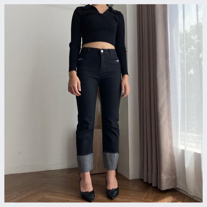 Shenel | Hailey Celana Jeans Wanita Highwaist Stretchy Jeans Melar Kaki Lipat Celana Jeans Panjang C