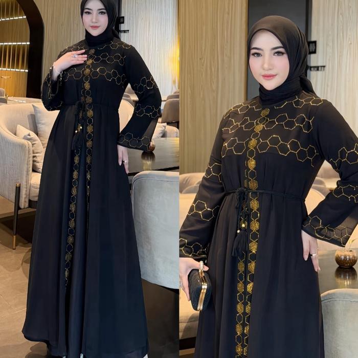 GAMIS ABAYA MADU GOLD ABAYA TURKI GAMIS MUSLIM MEWAH PESTA Wanita Dress  Hitam Kondangan Maxi Arab C