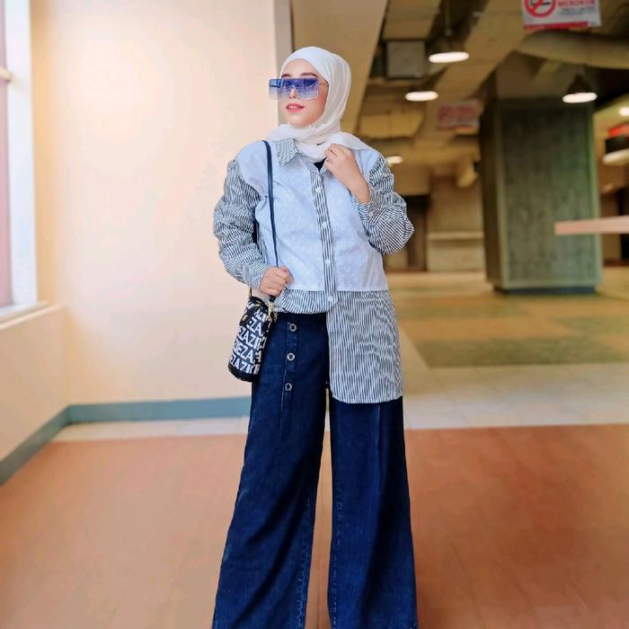 aliya one set jeans atasan katun salur by sc