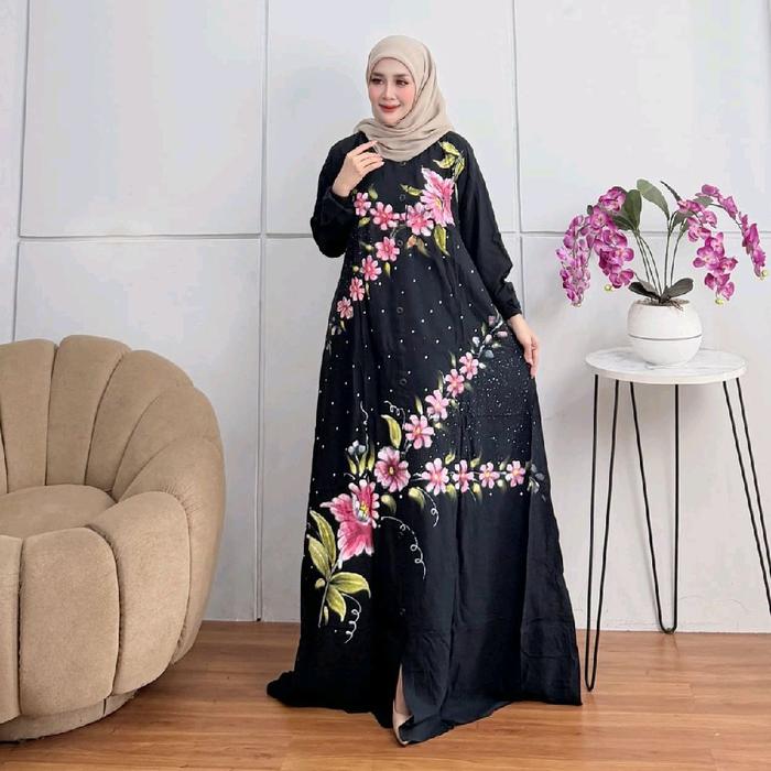 Gamis Twill Batik Mewah Maxi Dress Busana Muslim Tunik Midi Hitam Wanita Bahan Rayon Premium Lingkar
