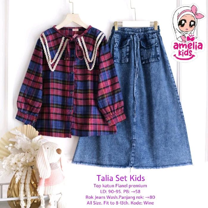 SETELAN ANAK ROK JEANS + ATASAN FLANEL MOTIF KOTAK USIA 8-13 TAHUN ORI AMELIA KIDS / SETELAN ROK ANA