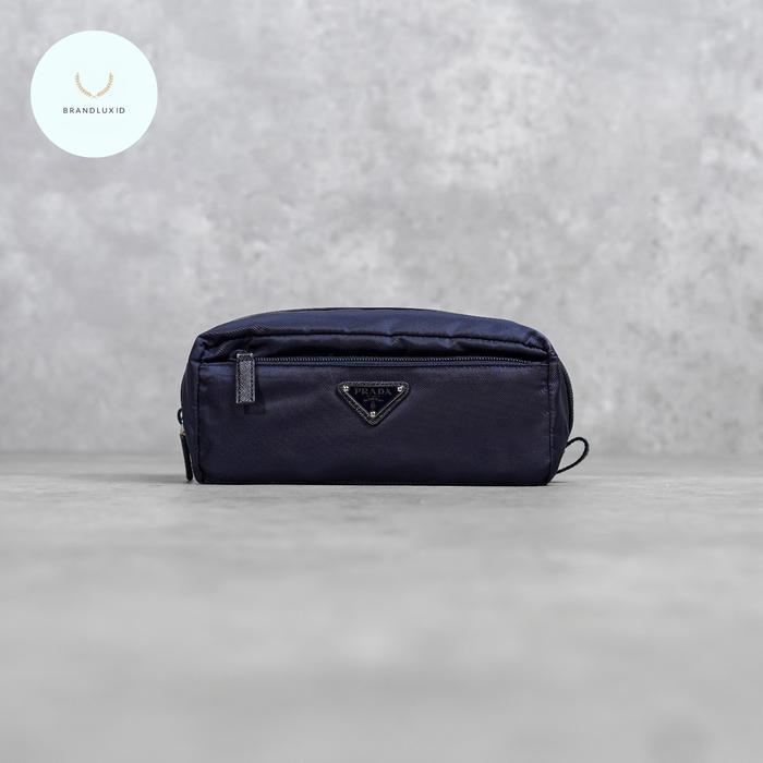 PRADA TRIANGLE NYLON MULTI ZIP POUCH IN NAVY
