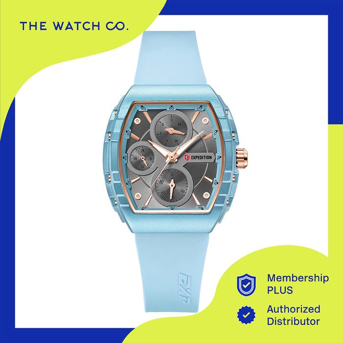Jam Tangan Expedition Multifunction Ladies Grey & Rose Gold Indexes Alumunium Light Blue & Rose Gold