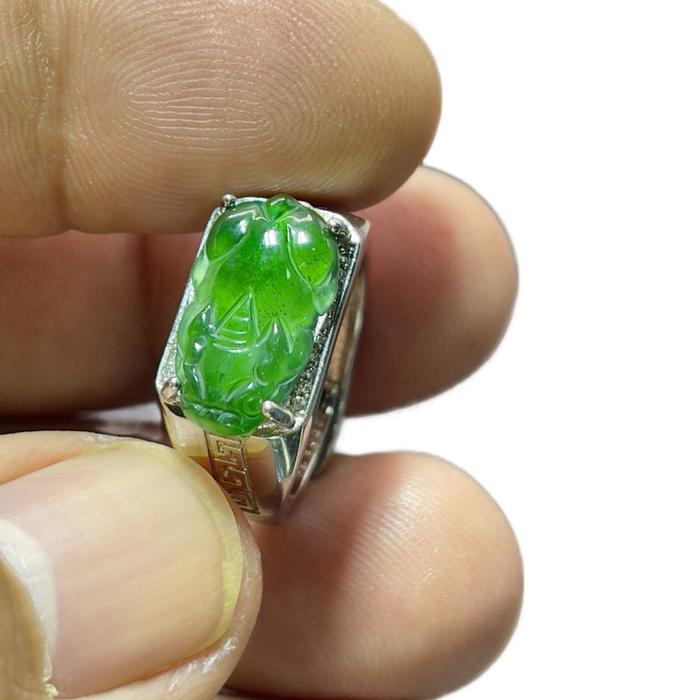 Giok Jadeite feicui tipeA cincin ikatan perak s925 ukiran pixiu -