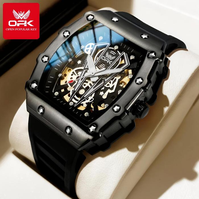 NEW OPK Jam Tangan Automatic 8180 Pria Anti Air Original Tahan Silika Gel Rubber Tali Hitam Men Watc