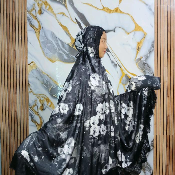 mukena dewasa armani motif bunga&renda Cantik Mewah Hitam