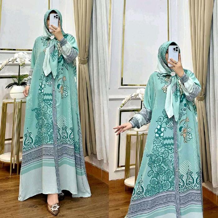 Aleva dress set hijab, gamis lebaran motif mewah include hijab