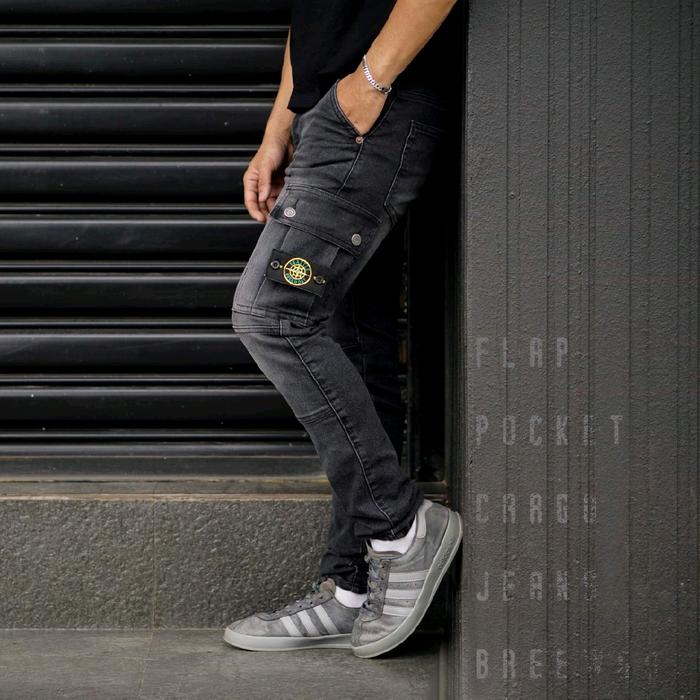 Celana Cargo Jeans Pria Emblem Saku Panjang Slimfit trendi kekinian