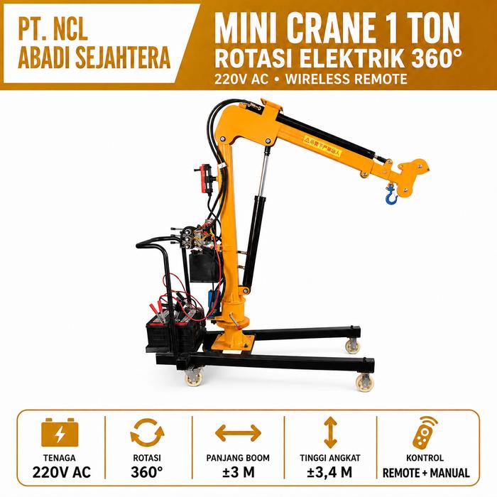 Mini Crane Hidrolik Elektrik 1 Ton 220V AC Rotasi 360° Wireless Remote