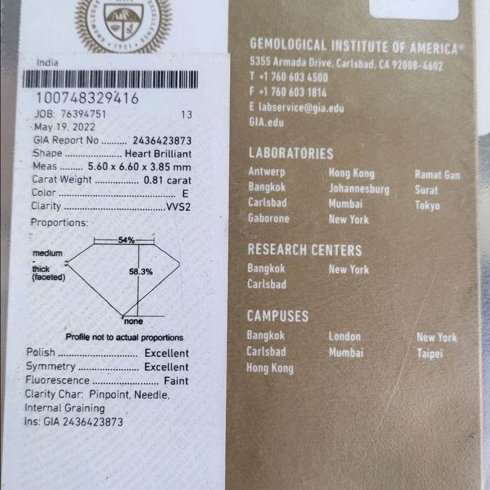Natural Heart Brilliant Diamond/Berlian Putih E -VVS2 : 0.81ct ( GIA:2436423873 )