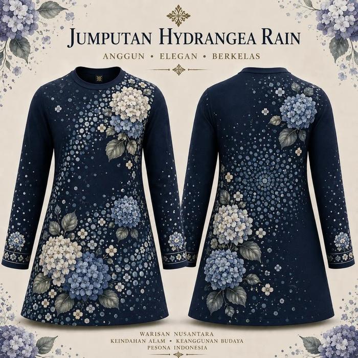 Wanita Muslim olahraga jubah bunga pola Hydrangea gradien biru elegan lengan panjang jaring kering c