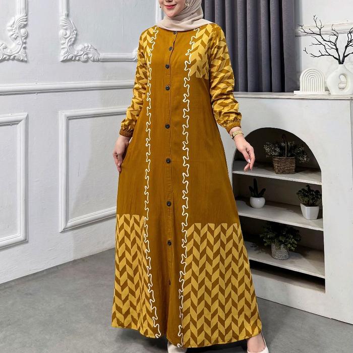 Gamis Wanita model Klok Kancing motif Batik Kuning Kunyit syari  Busui Friendly Twill Nyaman
