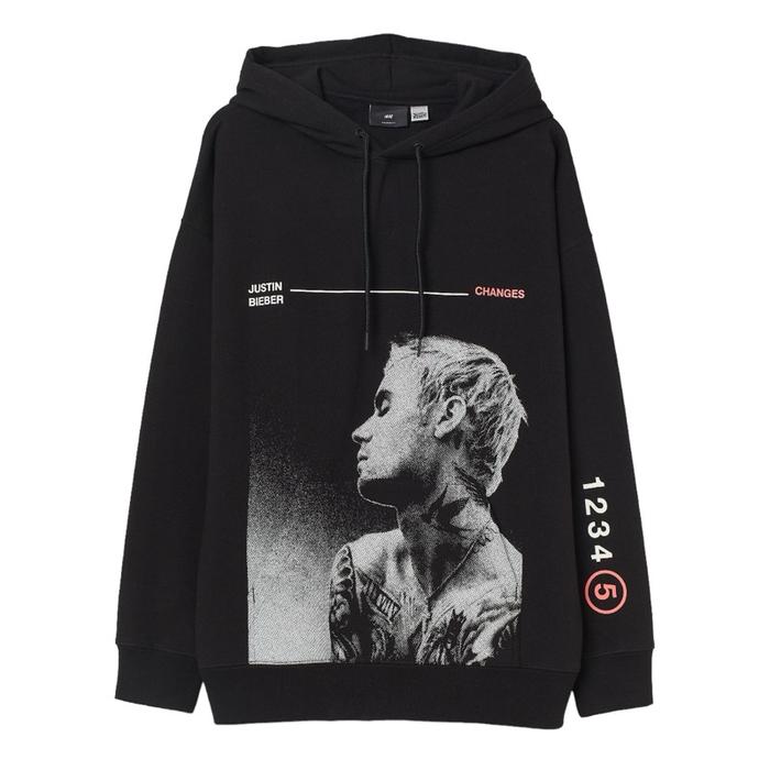 Hoodie HM Justin Bieber Sablon Black, Flecee Katun