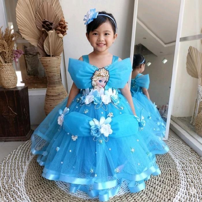 baju anak gambar elsa frozen FREE MAHKOTA- Baju pesta anak elsa frozen - baju elsa frozen anak - kos