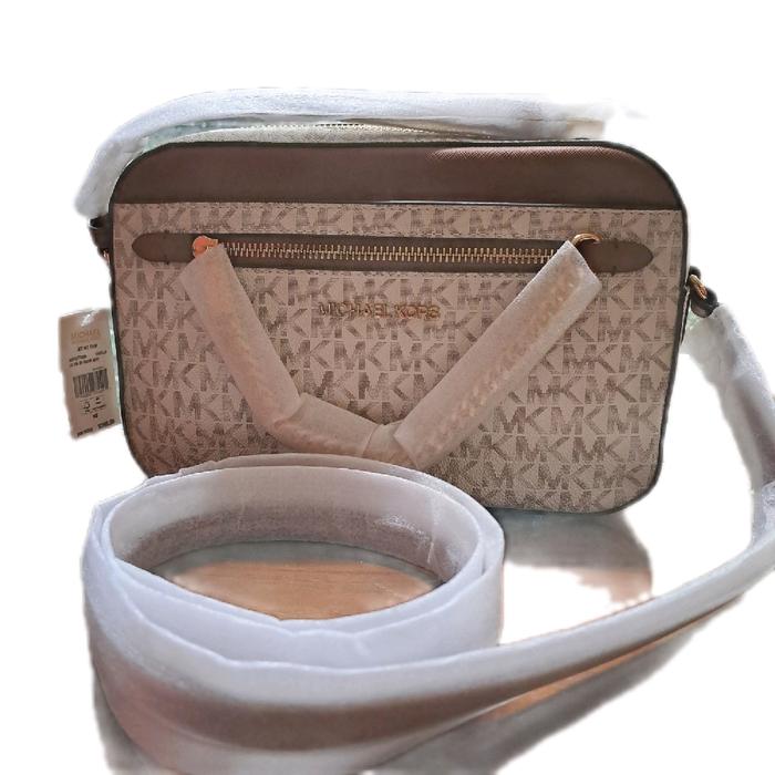 Tas Wanita MK Jet Set Large EW Zip Chain Signature Brown/Signature Vanilla/Ombre Navy Slingbag