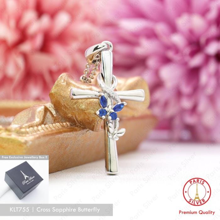 Kalung Salib Kupu-Kupu Safir Perak Asli Silver 925 Lapis Emas Putih Wanita Liontin Blue Sapphire But