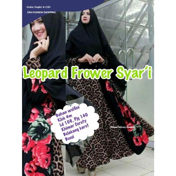 Baju Leopard frower syari RO Gamis muslim Wanita wolfice hitam Fashion Kekinian Ramadhan Lebaran 202