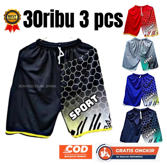 Konveksi Store Jepara PAKET 30 RIBU 3PCS Celana Sport Pendek (MOTIF) Olahraga Santai Bahan Melar Uni