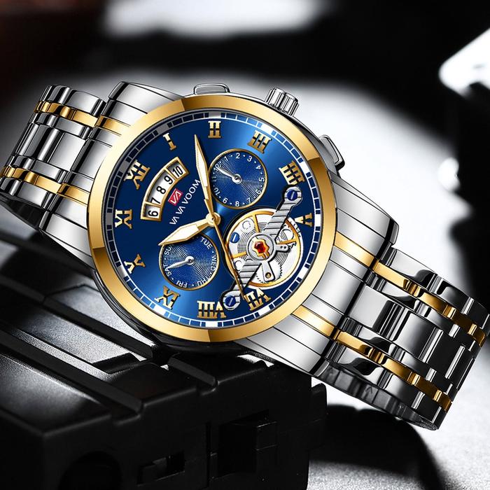 VaVa Voom 2453 Jam Tangan Pria Luxury Stainless Steel Tanggal Quartz Tahan Air Watch + Kotak Gratis