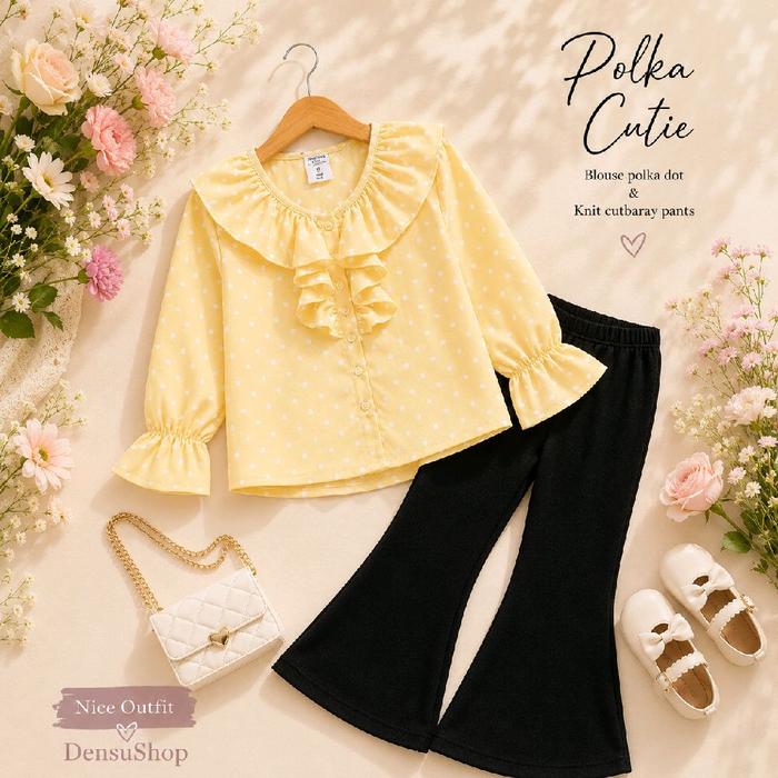 DensuShop One set Veronika Setelan Anak Perempuan Polkadot Celana Cutbray 2-10 Tahun Bahan Syakila F