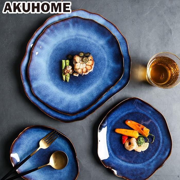 New Japanese Ceramic Plate Food Dish Deep Blue Irregular Flat Plate