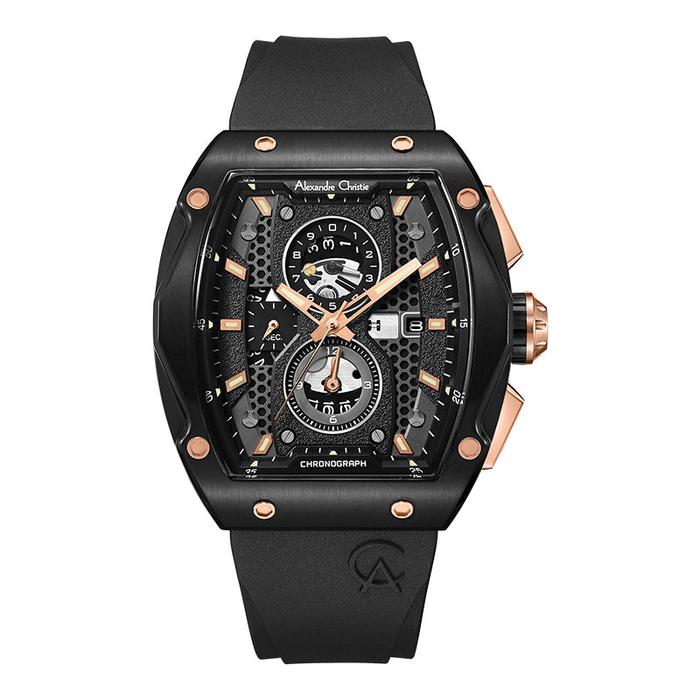 Jam Tangan Pria Alexandre Christie Chronograph AC 6608 MC RBRBA Men Black Dial Black Rubber Strap