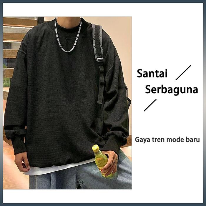 Fashion Kaus Leher Bulat Atas Lengan Panjang Kaus Pria Gaya Kasual Kain Wafel Longgar Baju Hitam