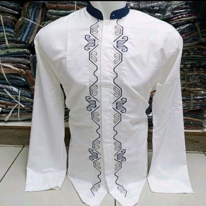 TOKO SS BUSANA ID.10-Baju Koko Krah biru bordir di atas-koko putih pria dewasa muslim bordir-koko pu