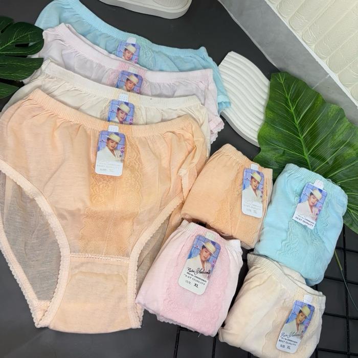 12 Pcs Celana Dalam Perempuan Motif Bordir Tengah Warna Random Mix Pastel Katun Renda Wanita