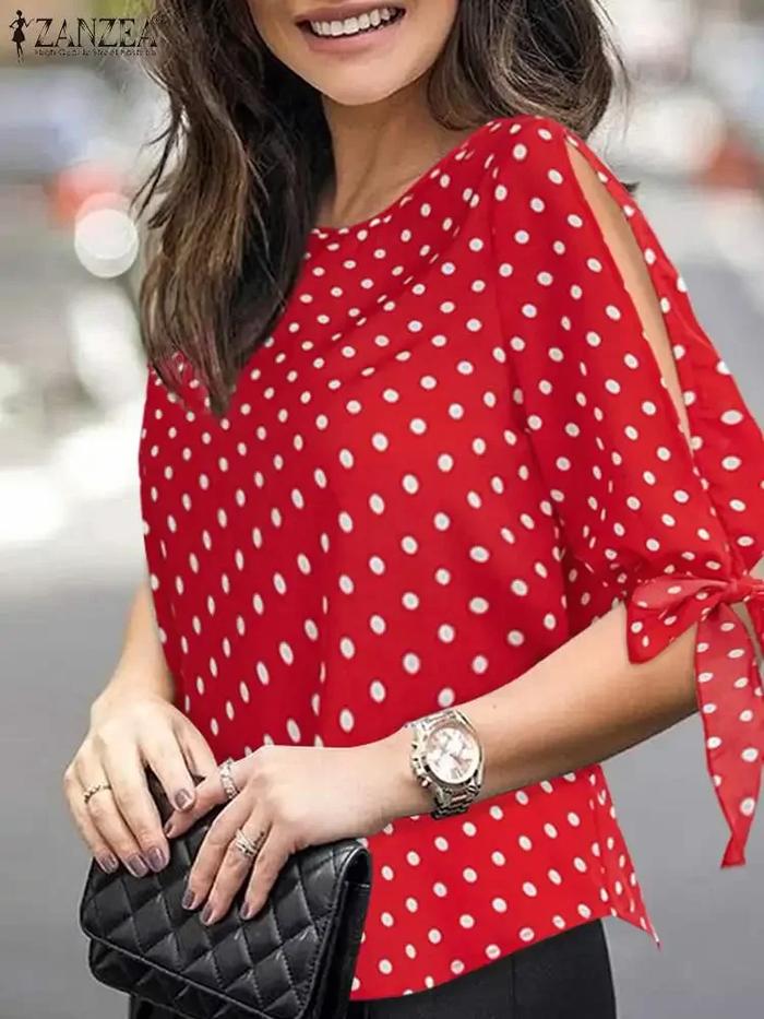 ZANZEA Woman Casual Polka Dots Printed Blouse Fashion Holiday Shirt Half Sleeve O-Neck Tunic Tops El