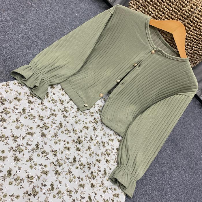 SETELAN CARDI KNIT HORNET + OVERALL DRESS Crop Panjang Outer Motif Cardigan Wanita Kancing Simple Pi