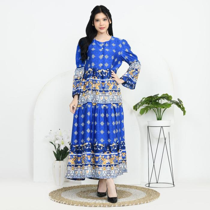 Riwan & Rahma Collection Namja Dress silk Luxury Motif Printed Model Baju 3 Undakan Dengan Lengan Se