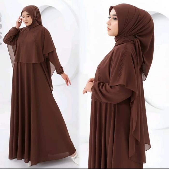 Baju gamis wanita Coklat mahogani Trendy Motif Payet mutiara Ukuran Jumbo LD 120 Nabila set Outer Bi